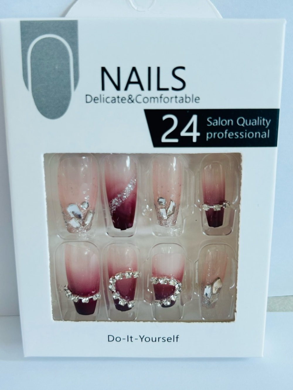 24-Piece Ombre Burgundy Rhinestone Press-On Nails